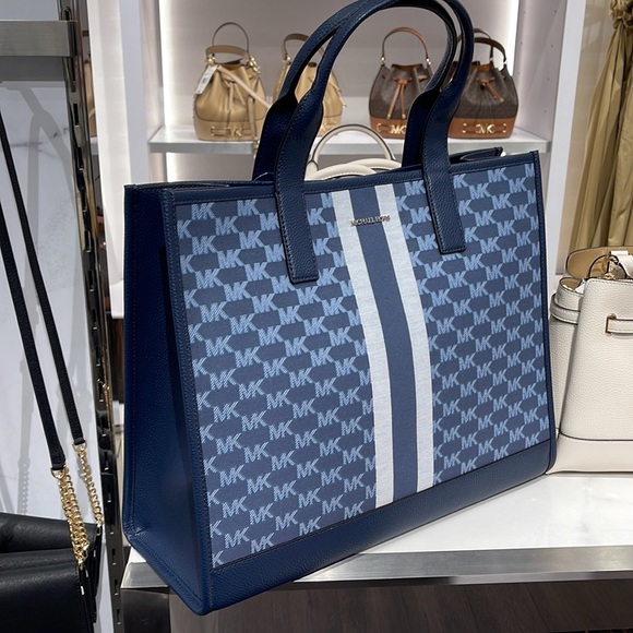 Michael Kors Men Women  XL Cooper Striped Logo Jacquard Structured Tote Handbag - Picture 4 of 16